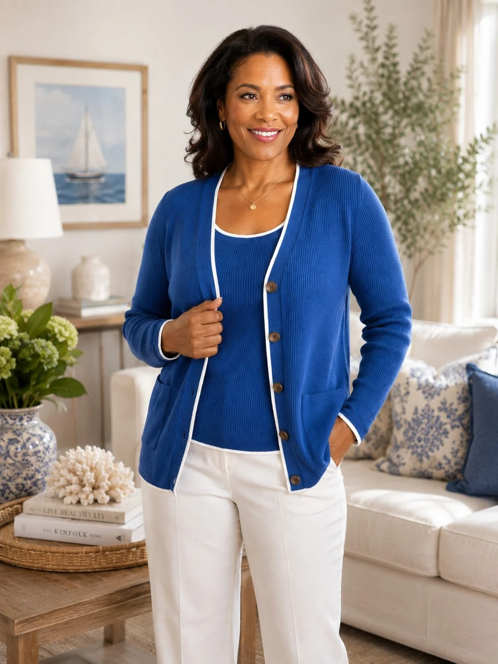 Lands' End Blue Cotton Twin Set Cardigan & Shell | Preppy Coastal Cottagecore L